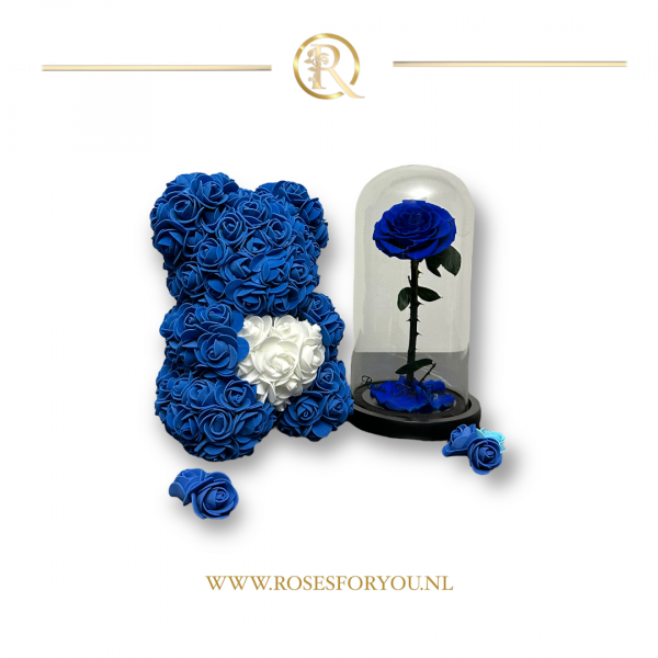 Rosesforyou Rozenbeer royaal blauw met wit hart en een belle roos roos in glazen stolp